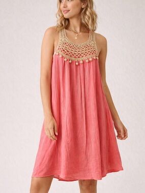 Lilly Pulitzer Rachelle Dress Coral Pink Gold Crochet Tassel Swing Large
